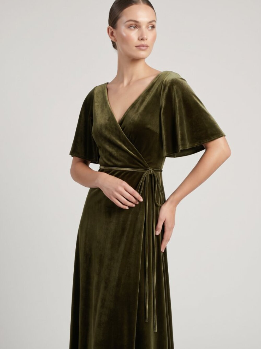 Jenny Yoo Collection Olive Green Velvet Wrap Dress with Flutter Sleeves Size 4